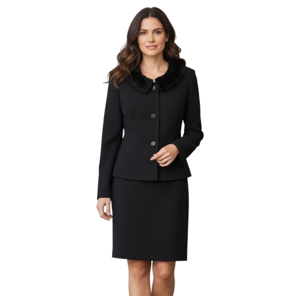 Vintage MT Studio Black 100% Wool Suit/Skirt Set w/Removable Faux Fur Collar, 6P - Picture 9 of 9